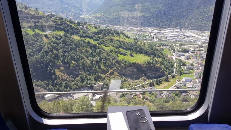 On the slow train from Bern to Brig looking down on the route taken by the fast trains